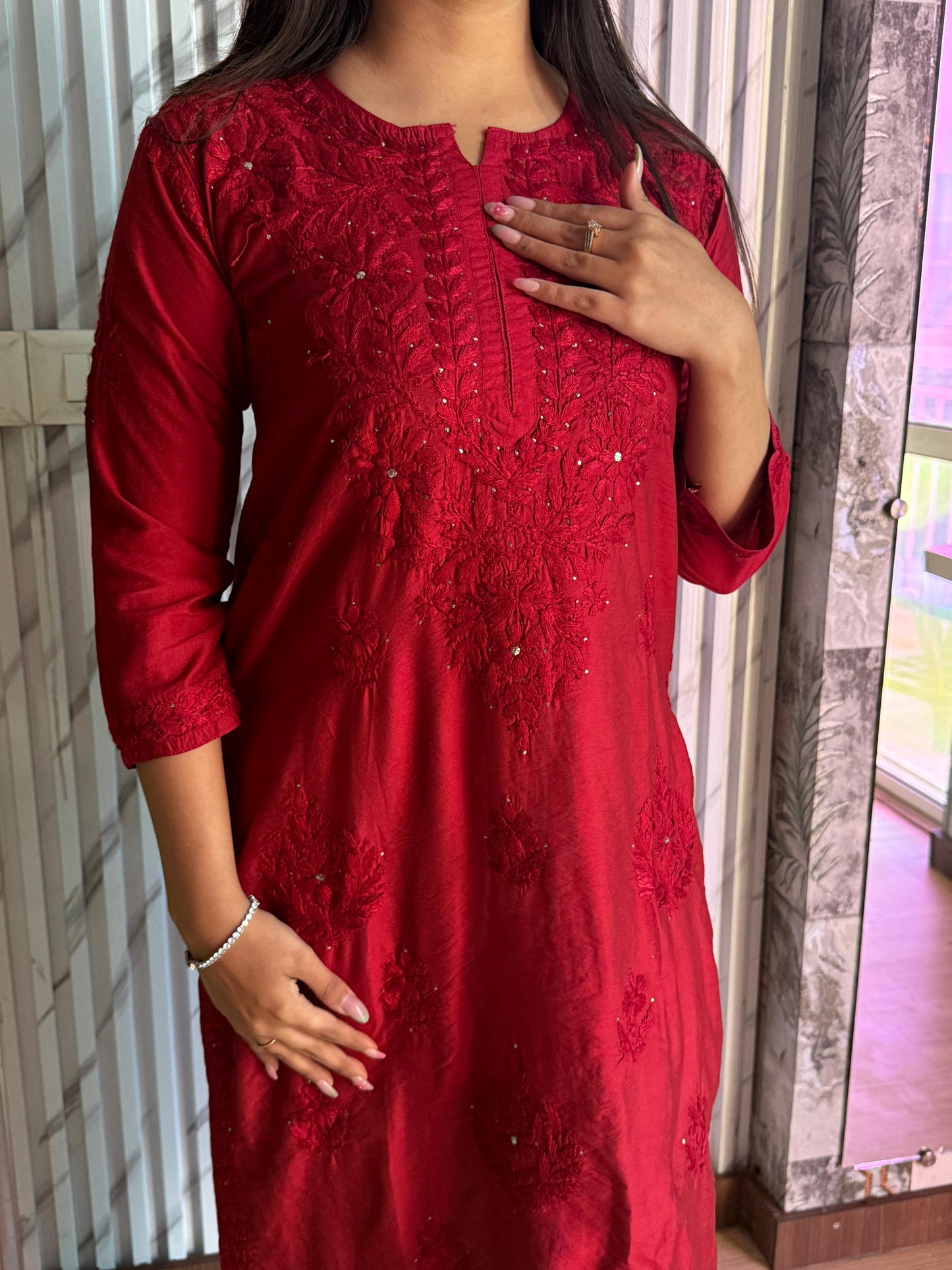 Dyed Chanderi Kurti with Silver Mukaish Embellishment