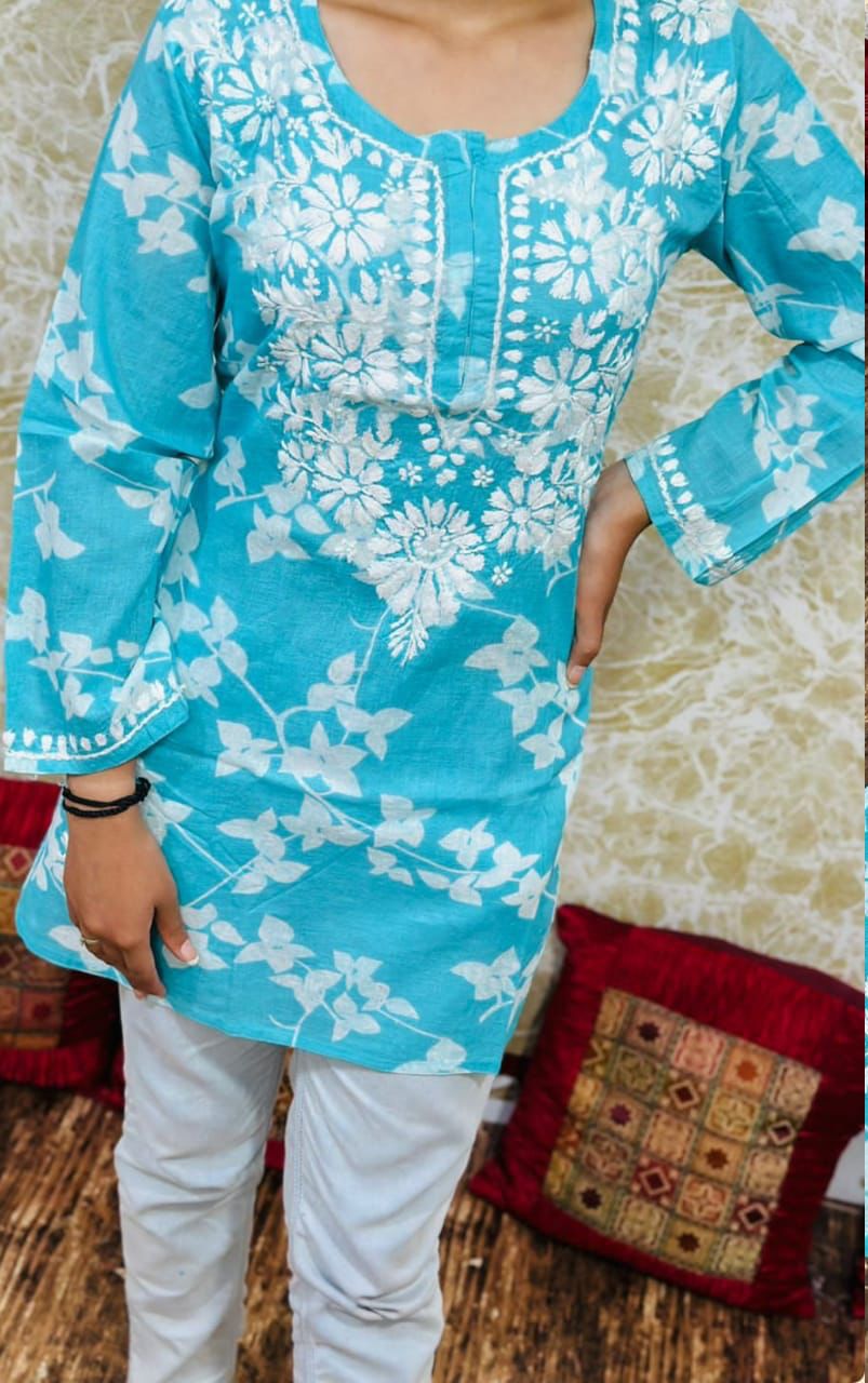 Soft Pure Mulmul Cotton Short Kurti with Chikan Embroidery
