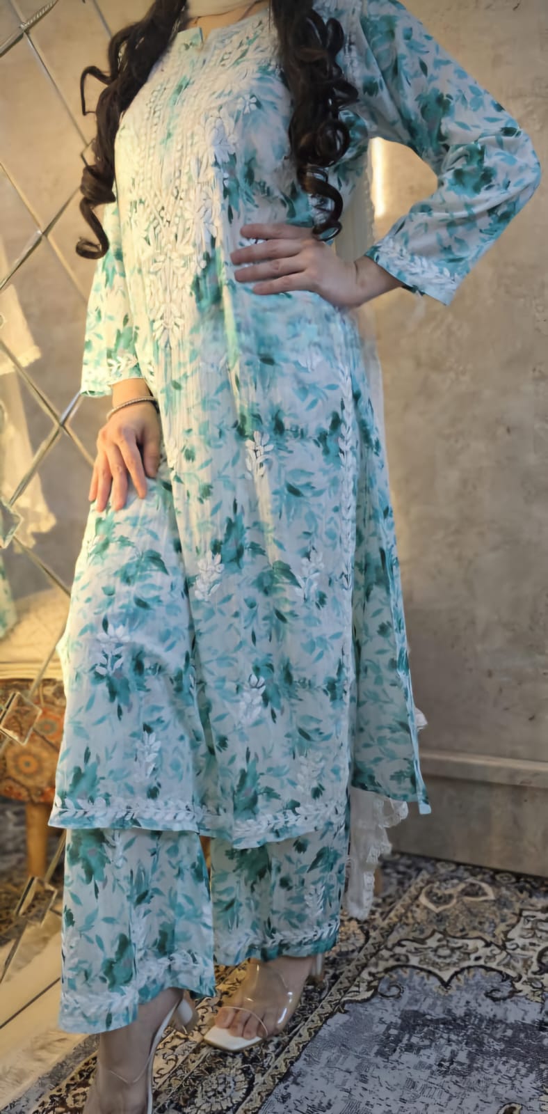Handcrafted Long Chikankari Kurti & Palazzo Set