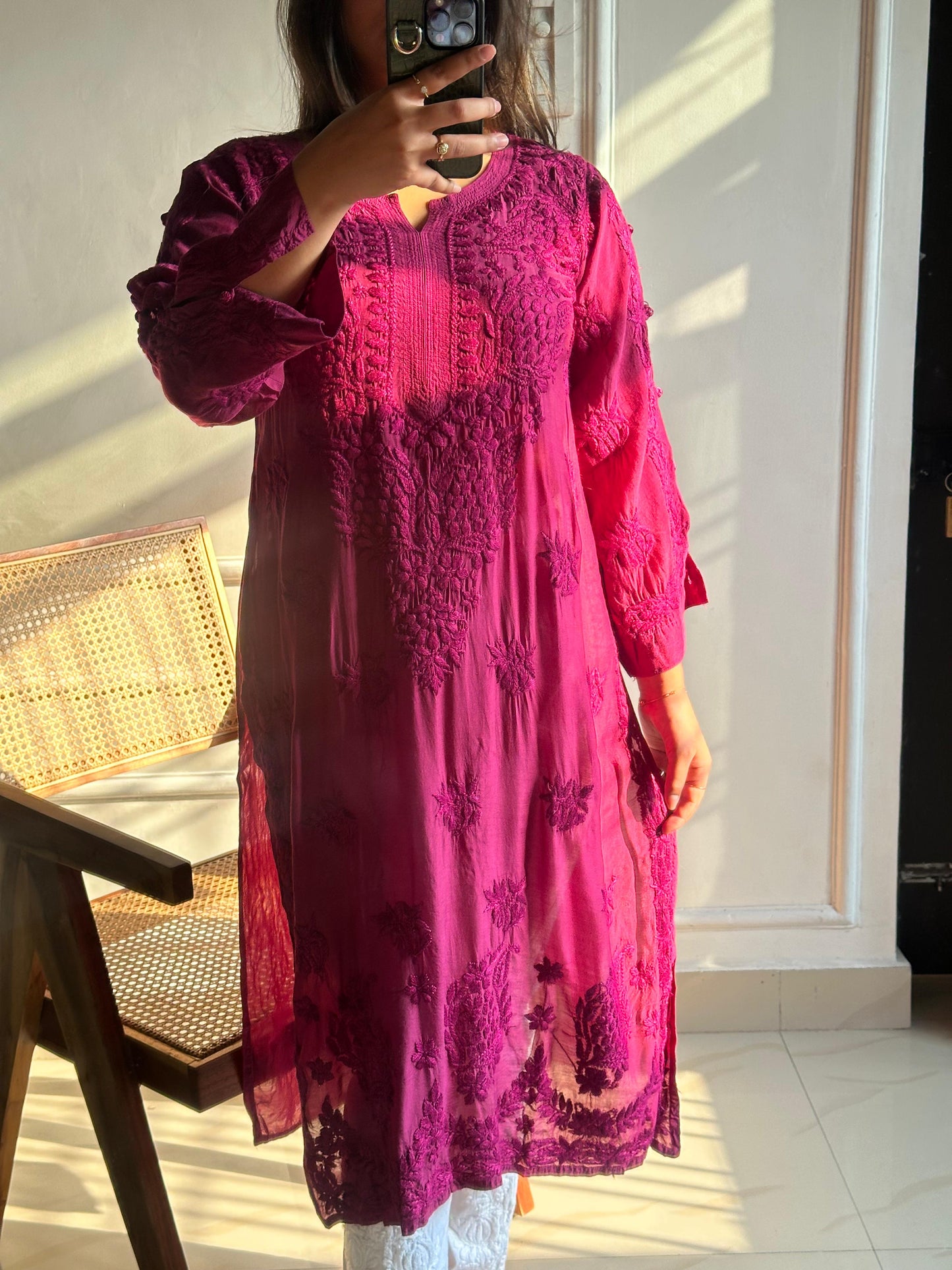 Muslin 3D Work Chikankari Kurti with Slit Sleeves