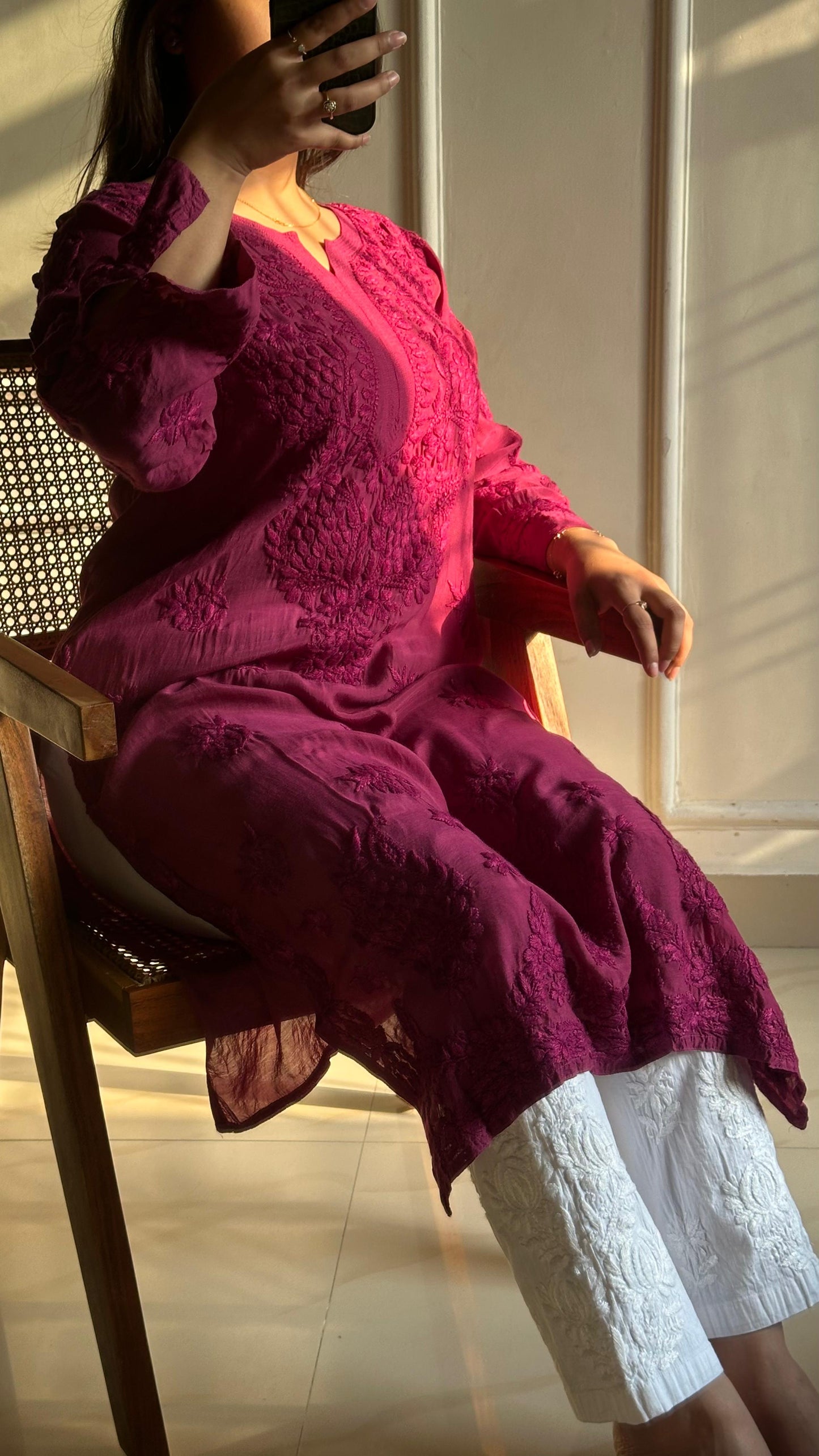 Muslin 3D Work Chikankari Kurti with Slit Sleeves