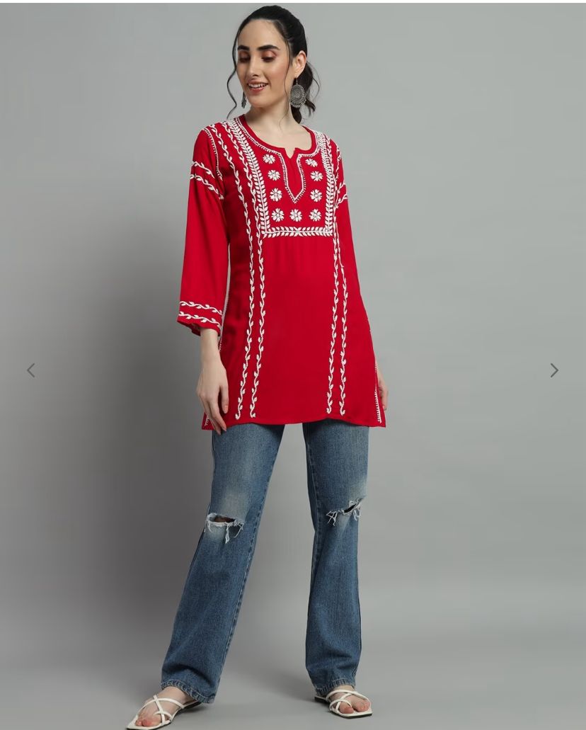 Chikankari Rayon Short Straight Kurti