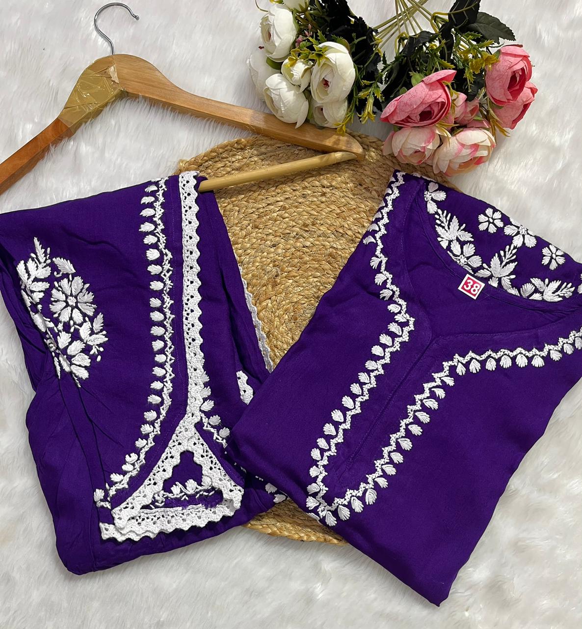 Rayon Co-ord Set with Chikan Embroidery