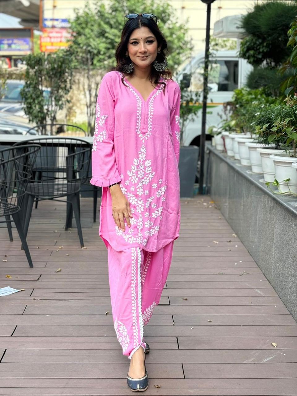 Rayon Co-ord Set with Chikan Embroidery