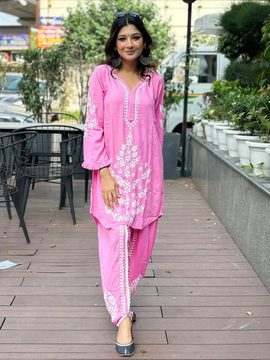 Rayon Co-ord Set with Chikan Embroidery