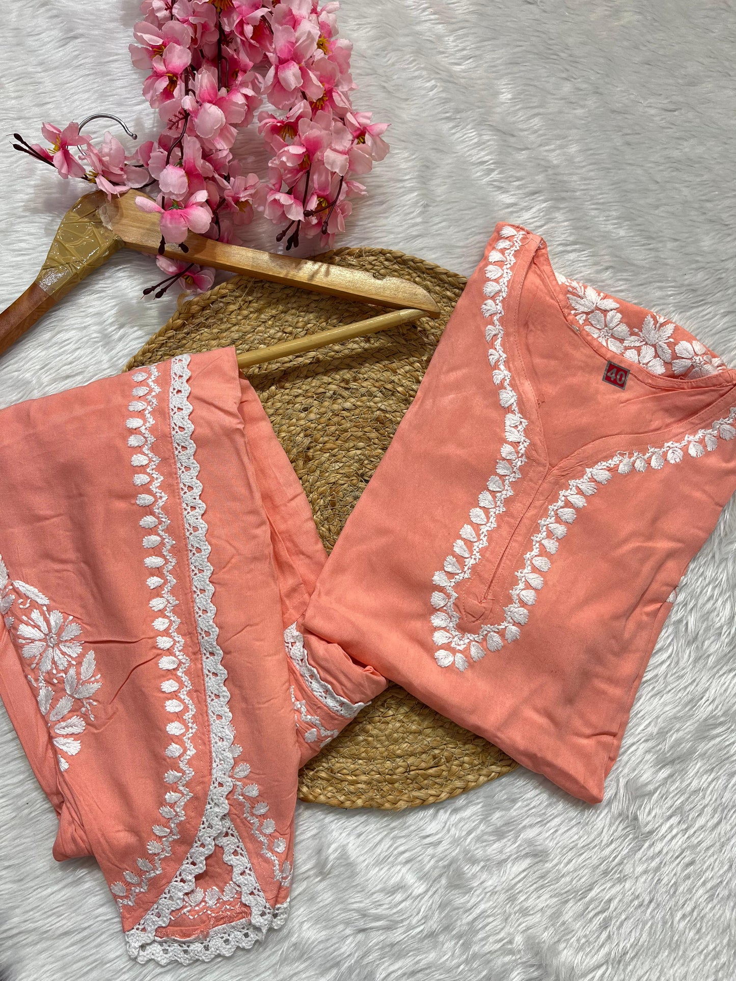 Rayon Co-ord Set with Chikan Embroidery