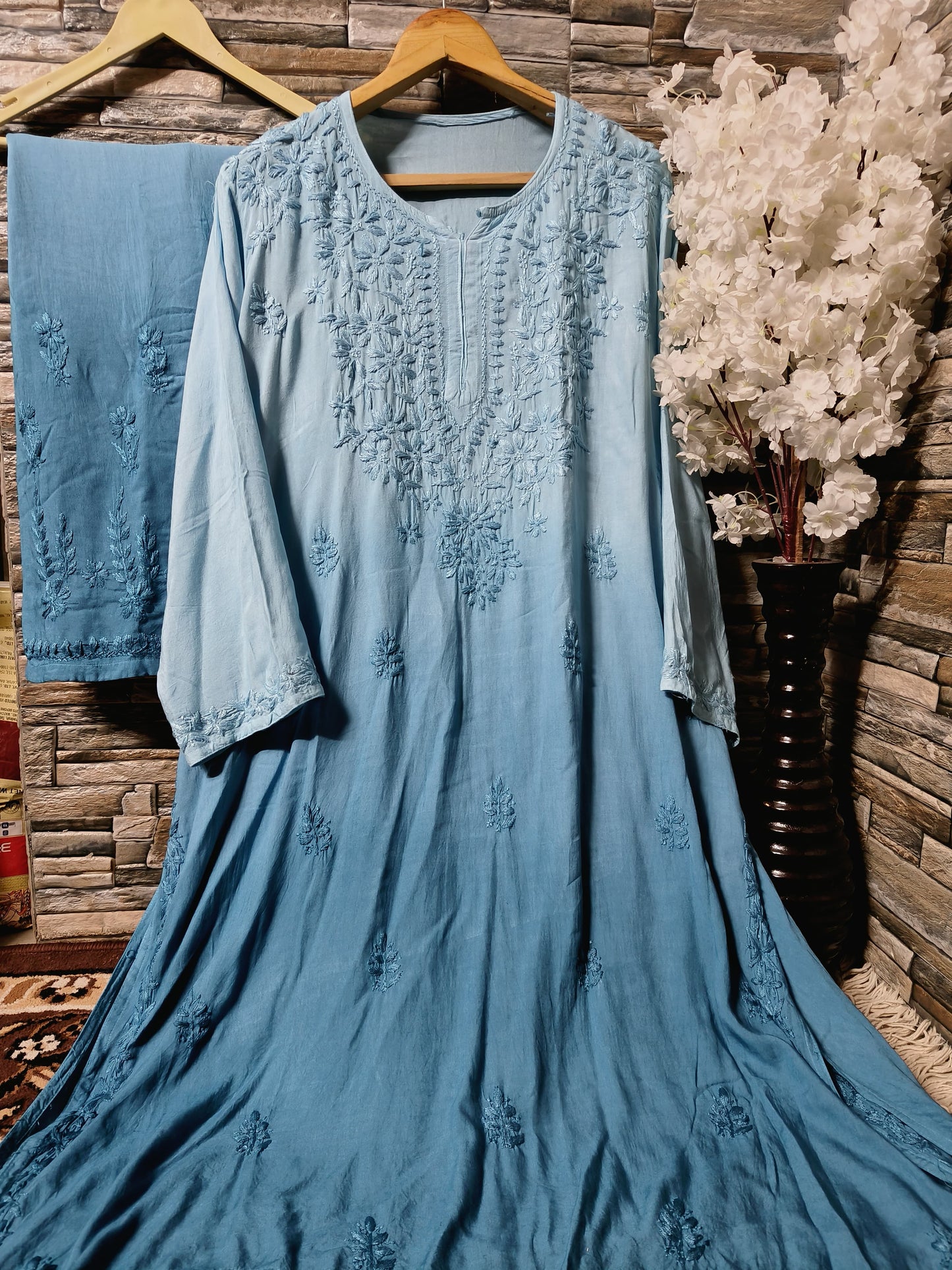 Mesmerizing Chikankari Ombre Shade Kurti Palazzo Set
