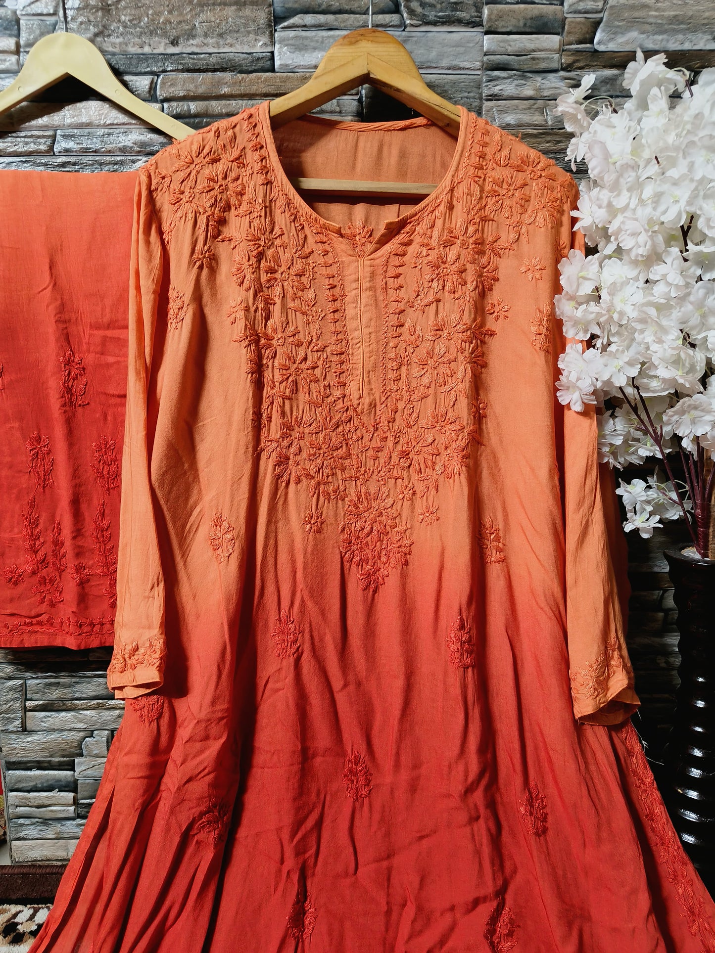 Mesmerizing Chikankari Ombre Shade Kurti Palazzo Set