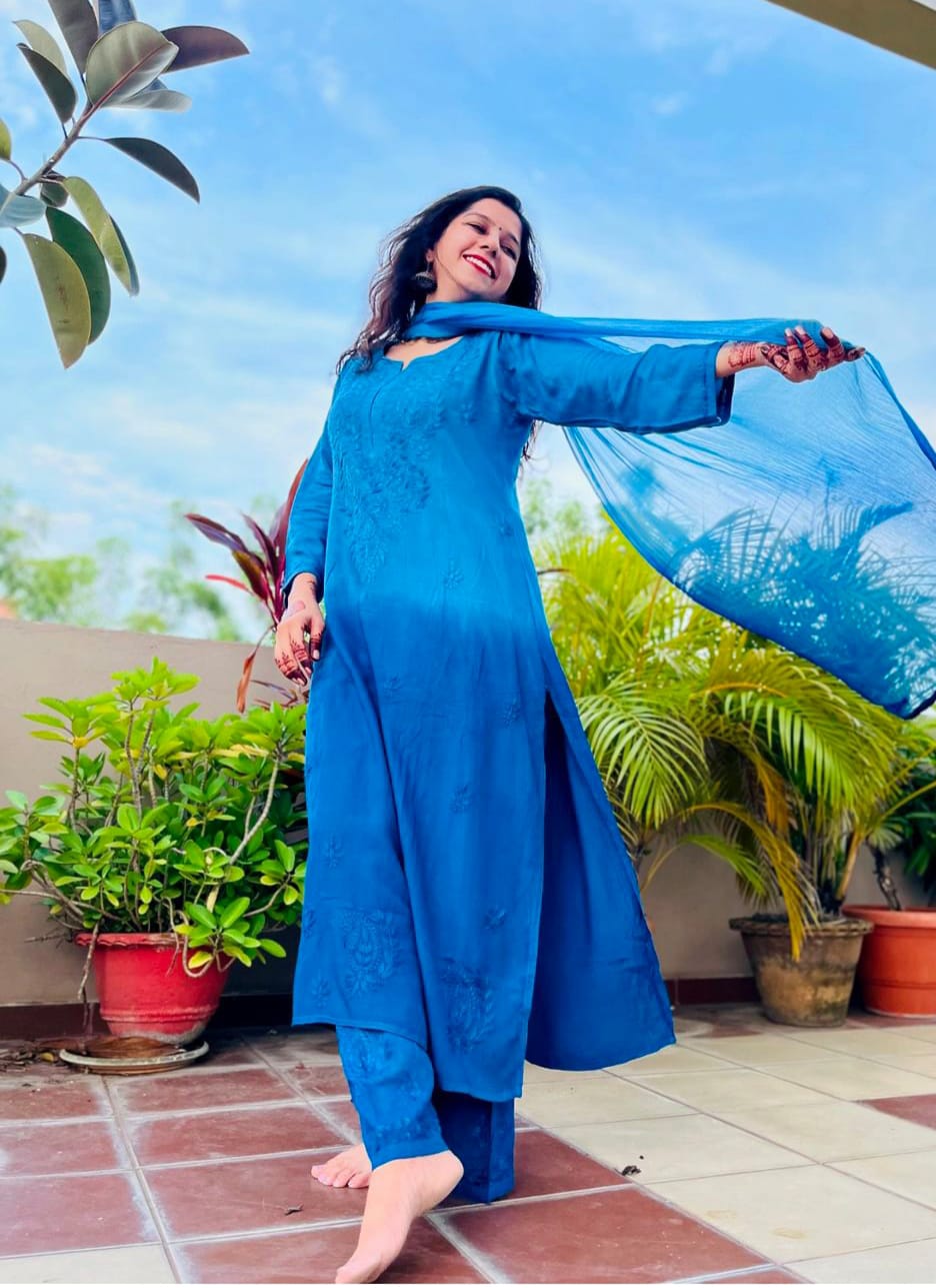 Rayon Kurti Palazzo Set with Chikan Embroidery