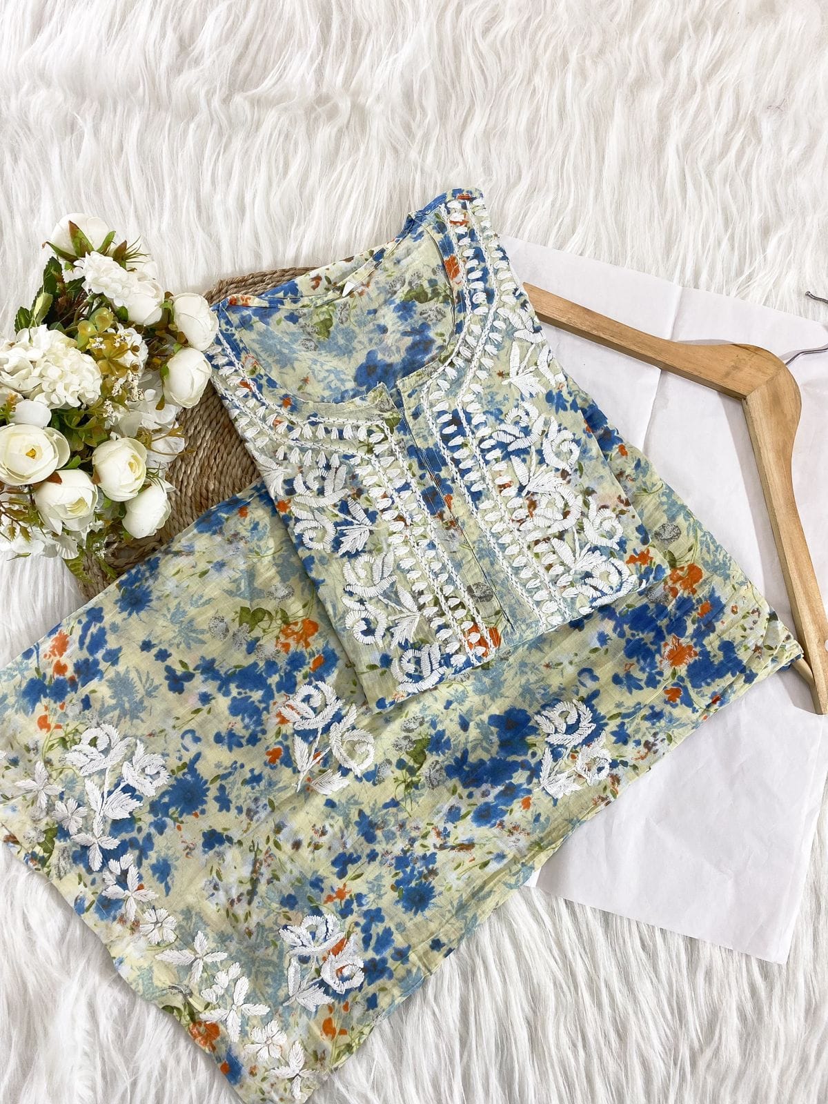 Mul Cotton Palazzo Set with Ghas Patti Hand Embroidery