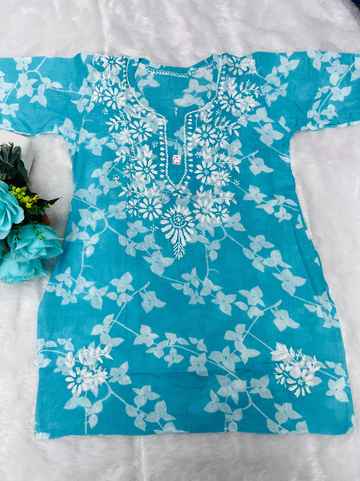 Soft Pure Mulmul Cotton Short Kurti with Chikan Embroidery