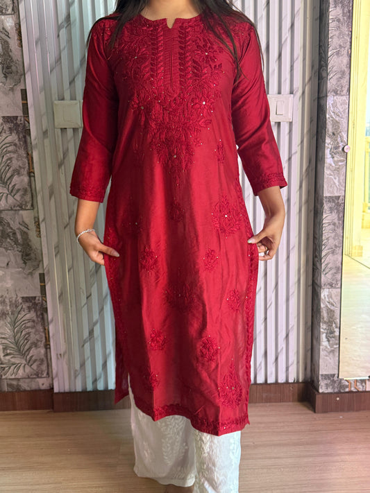 Dyed Chanderi Kurti with Silver Mukaish Embellishment