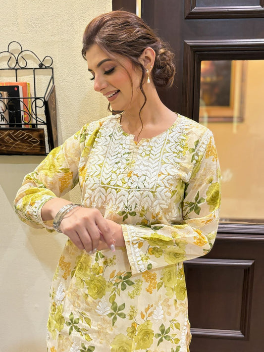Mul Cotton Short top with Chiknakari Emroidery