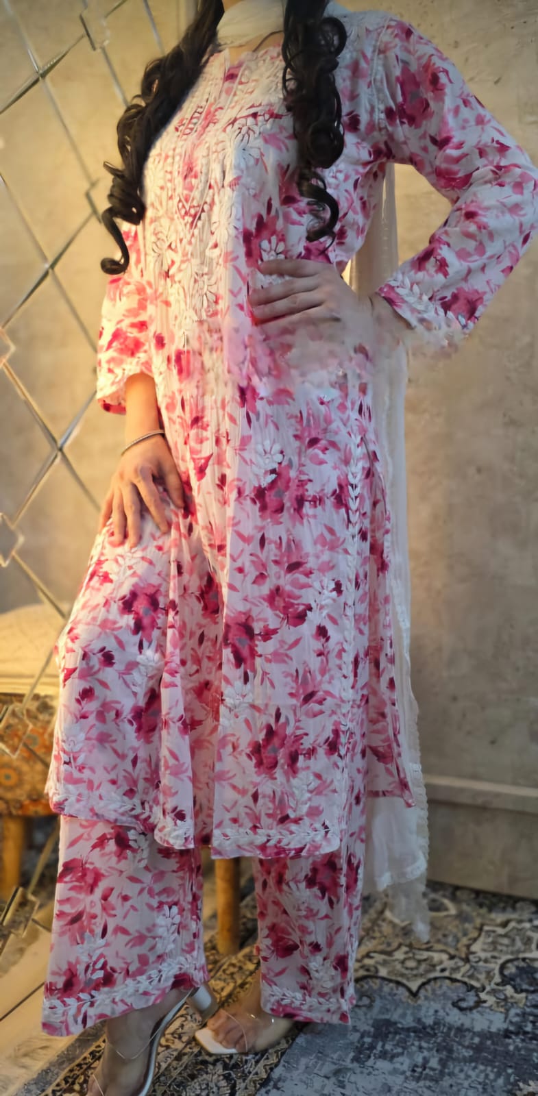 Handcrafted Long Chikankari Kurti & Palazzo Set