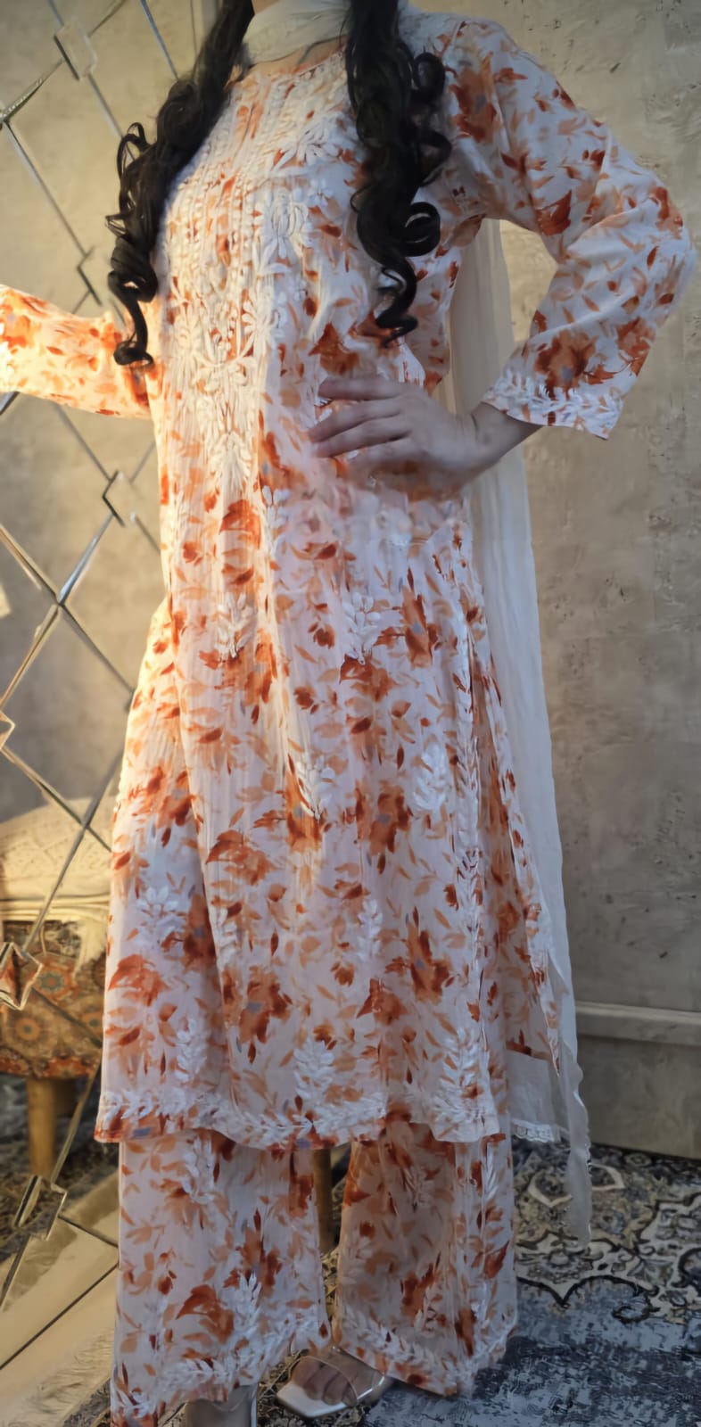 Handcrafted Long Chikankari Kurti & Palazzo Set