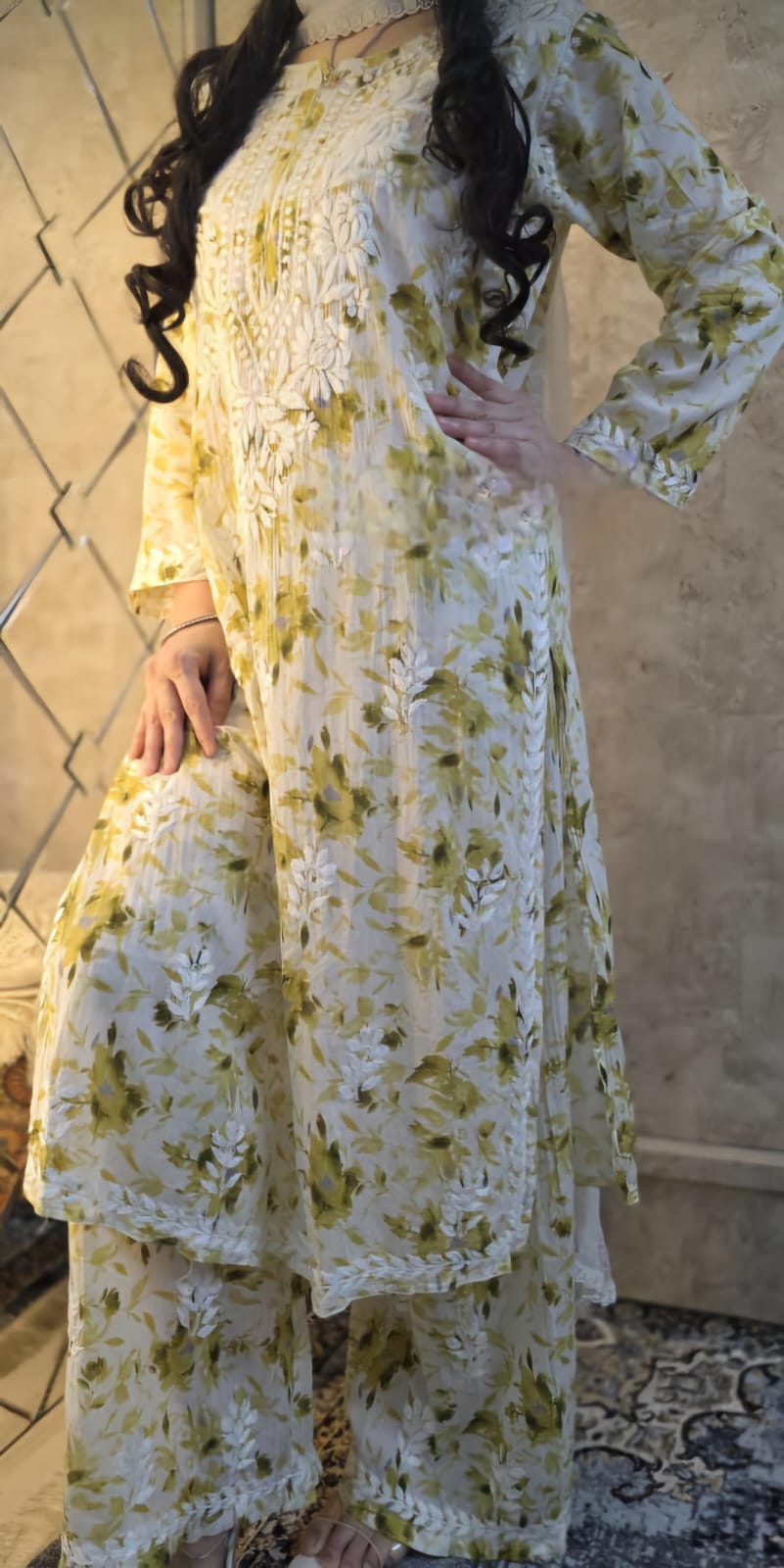 Handcrafted Long Chikankari Kurti & Palazzo Set