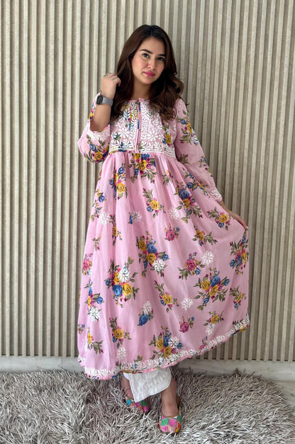 Printed Chikankari Georgette Gown