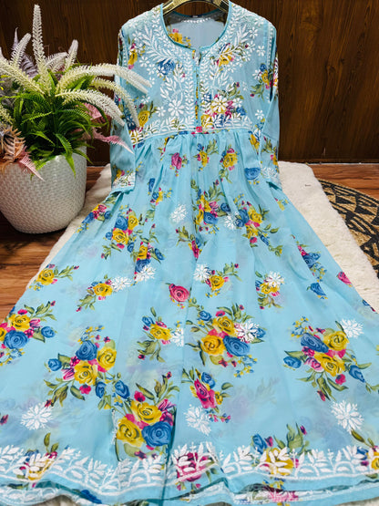 Printed Chikankari Georgette Gown