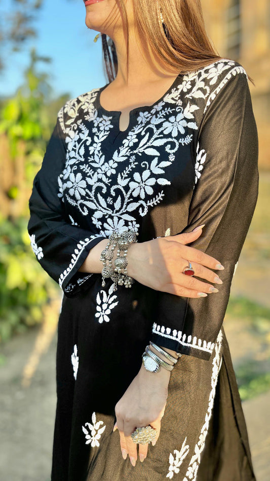 Modal Satin Kurti with Chikankari Design
