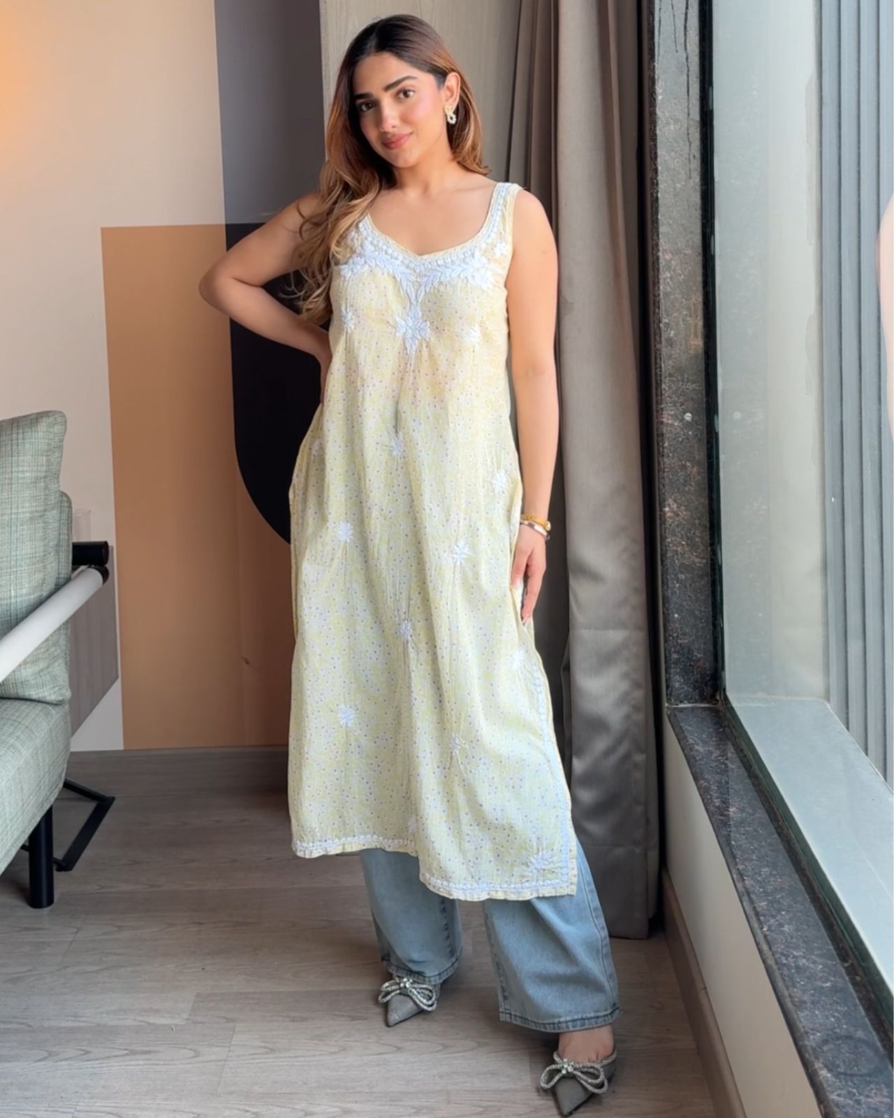Chikankari Mulmul Backless Designer Kurti Set