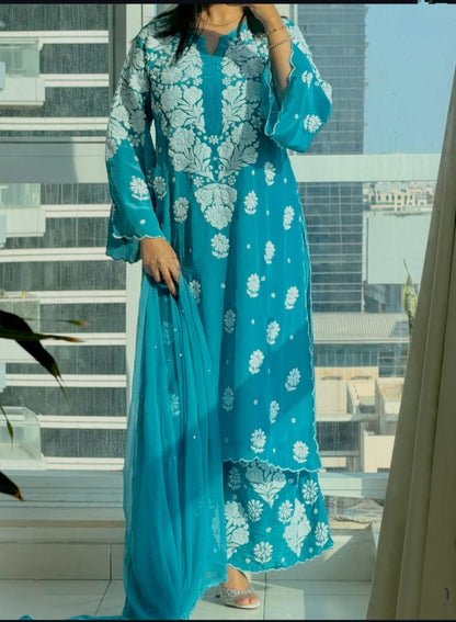 Crepe Kurti Plazo Dupatta set
