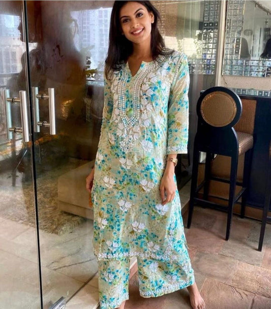 Mul Cotton Palazzo Set with Ghas Patti Hand Embroidery