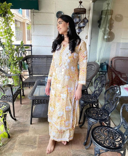Mul Cotton Palazzo Set with Ghas Patti Hand Embroidery