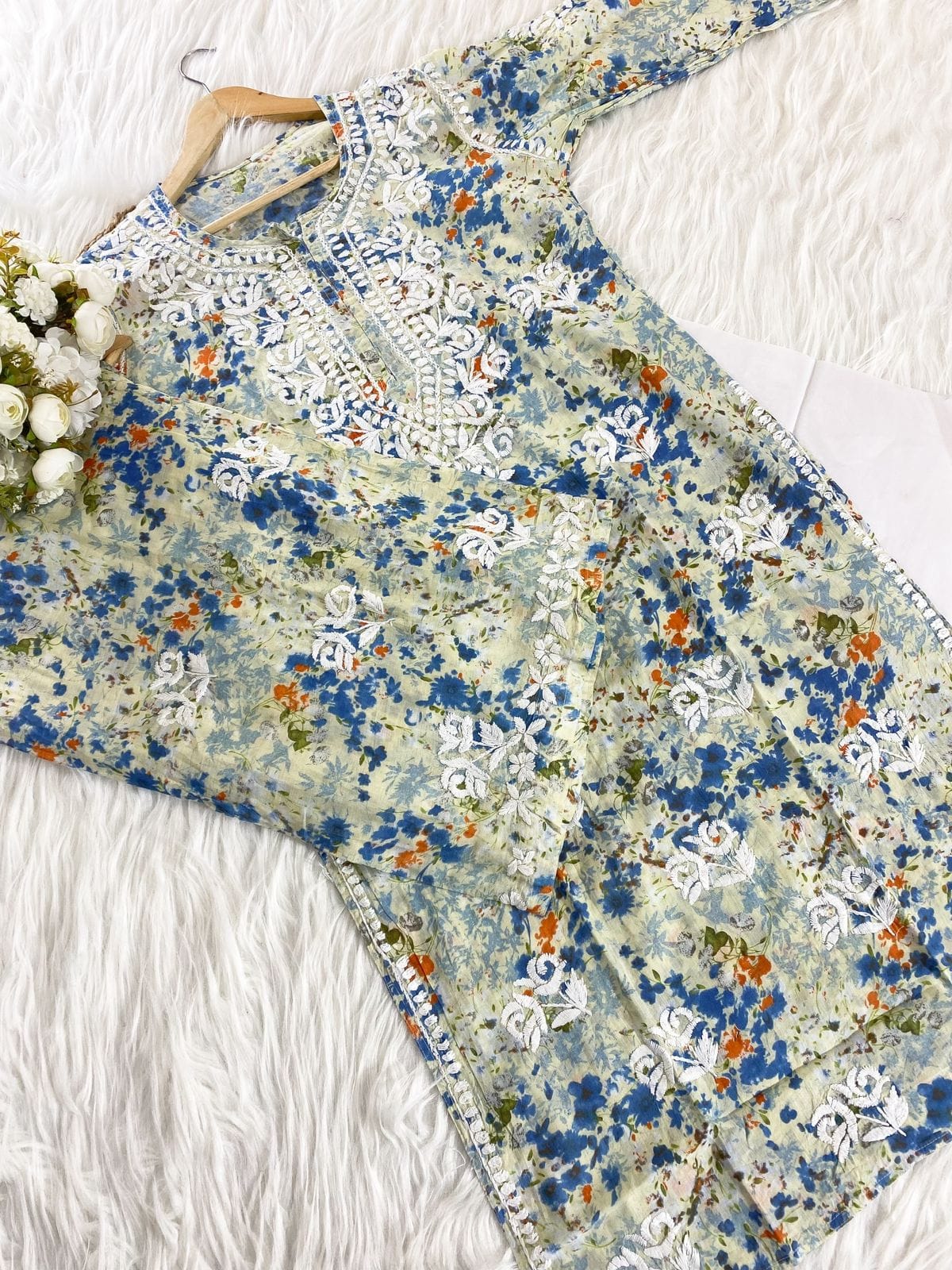 Mul Cotton Palazzo Set with Ghas Patti Hand Embroidery
