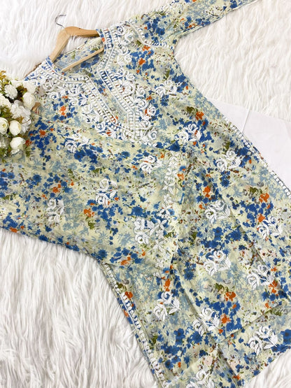 Mul Cotton Palazzo Set with Ghas Patti Hand Embroidery