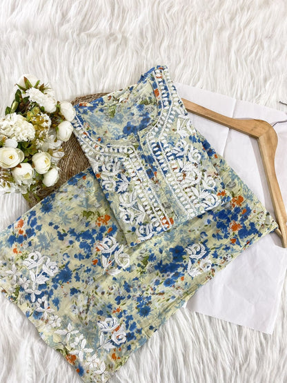 Mul Cotton Palazzo Set with Ghas Patti Hand Embroidery