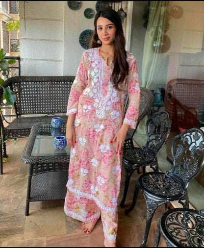 Mul Cotton Palazzo Set with Ghas Patti Hand Embroidery