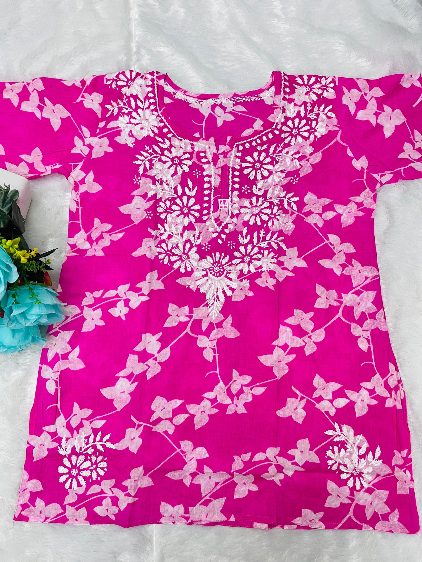Soft Pure Mulmul Cotton Short Kurti with Chikan Embroidery