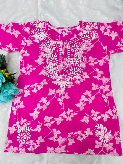 Soft Pure Mulmul Cotton Short Kurti with Chikan Embroidery