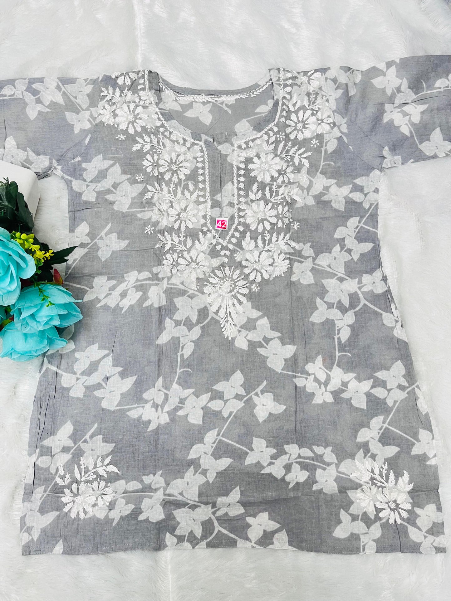Soft Pure Mulmul Cotton Short Kurti with Chikan Embroidery