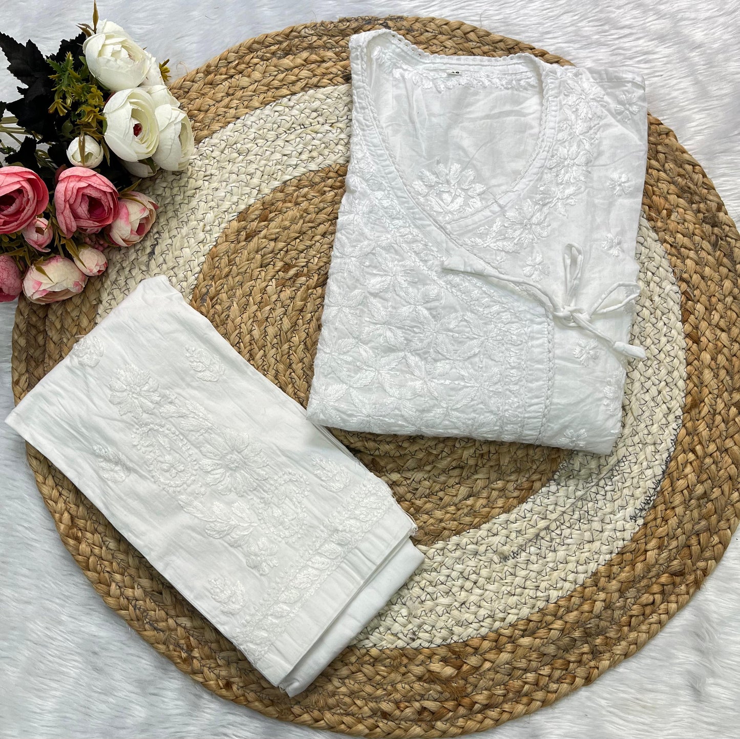 Mul Cotton Chikankari Angarkha Set