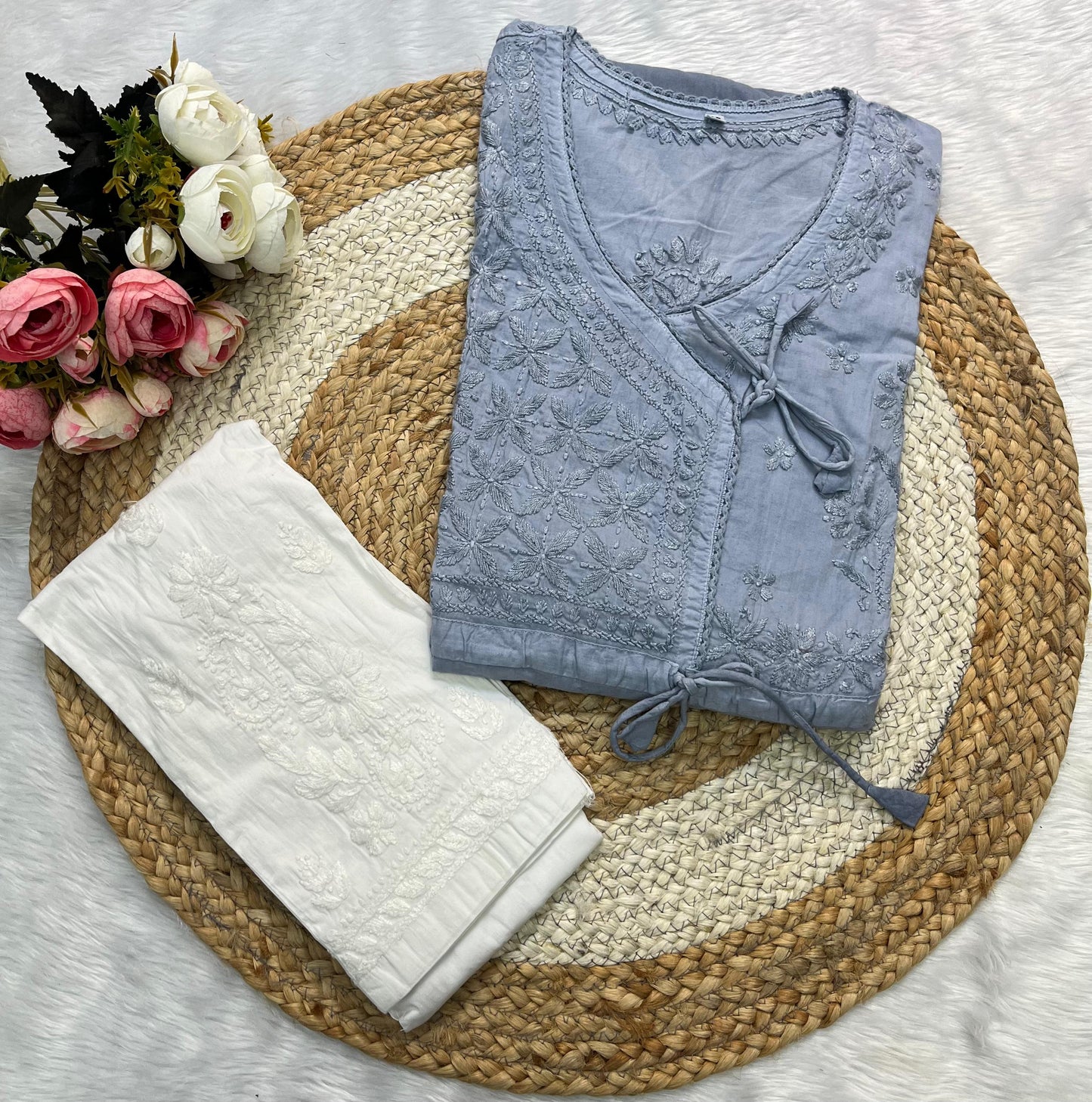 Mul Cotton Chikankari Angarkha Set