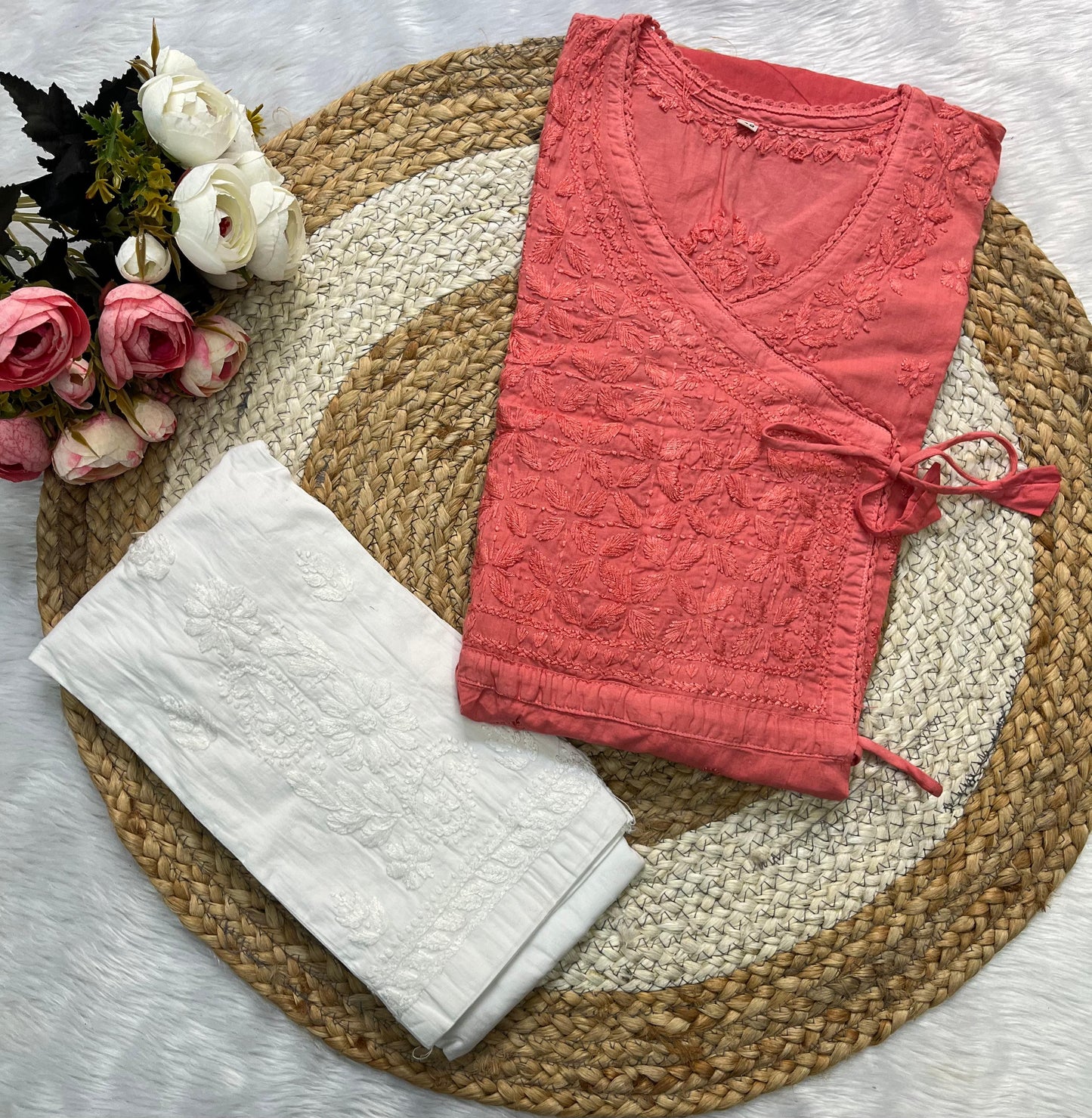 Mul Cotton Chikankari Angarkha Set